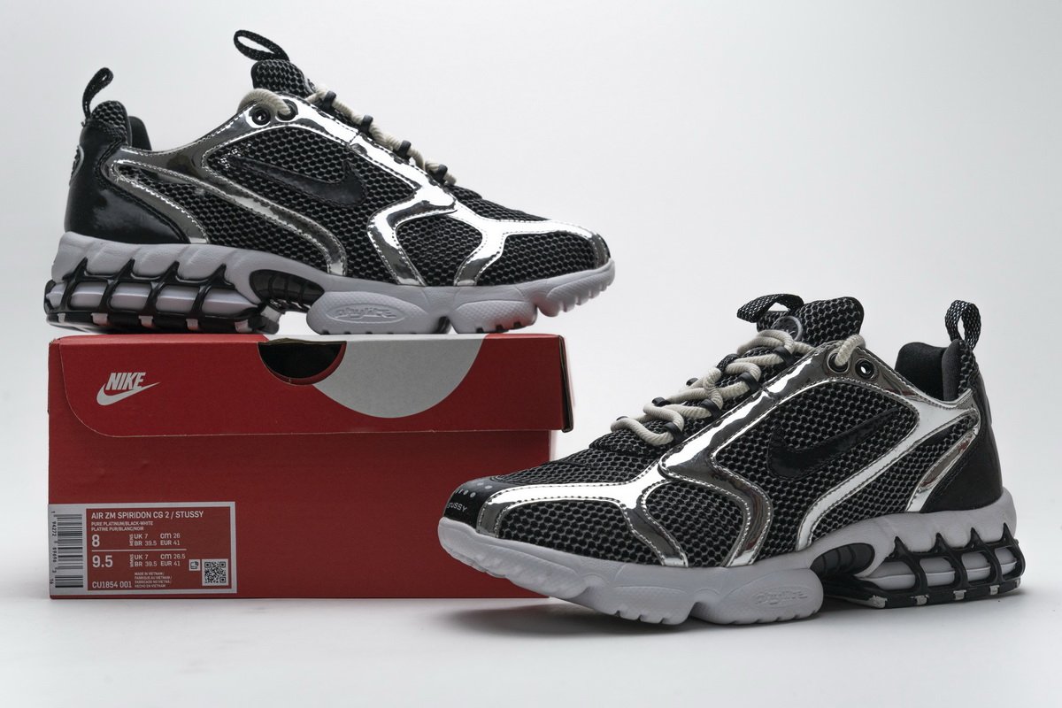 CU1854-001 Stussy x Nike Air Zoom Spiridon Cage 2 Black Silver - Image 2